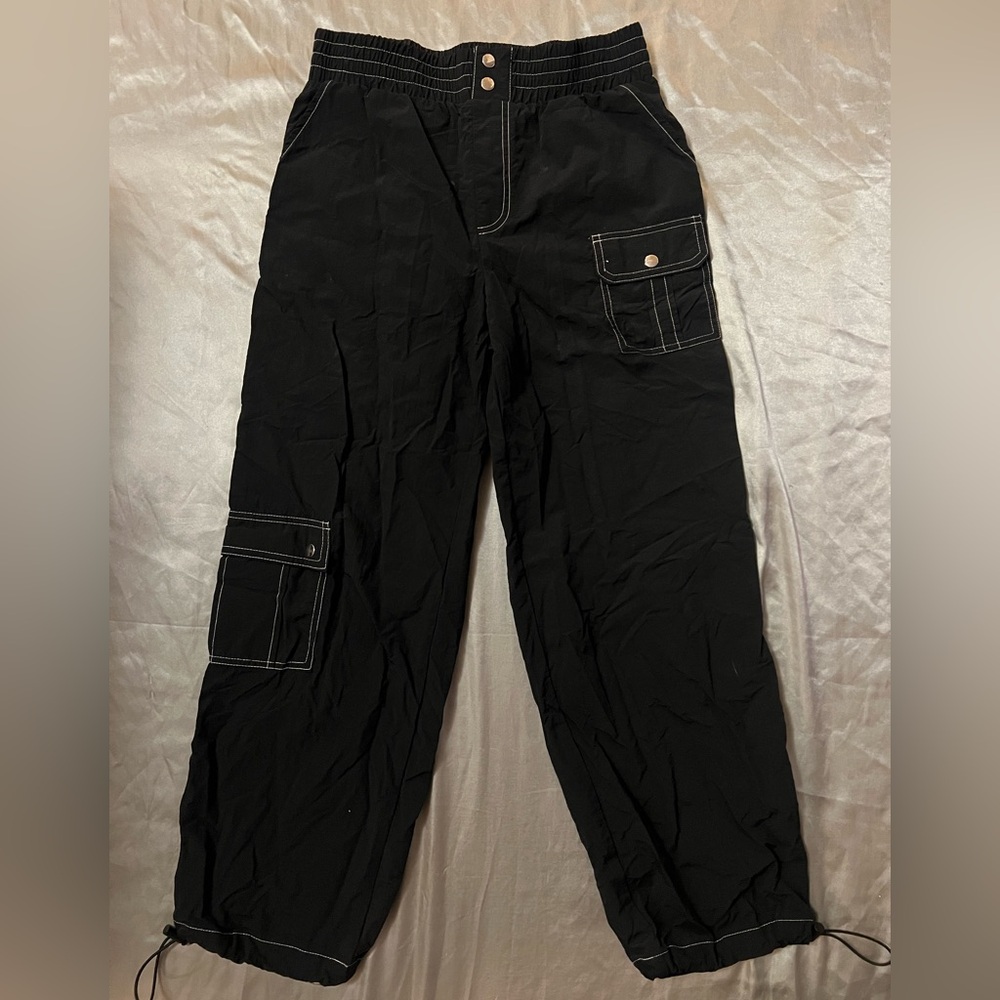 Size M No Comment Double Cargo Parachute Nylon Pants Black